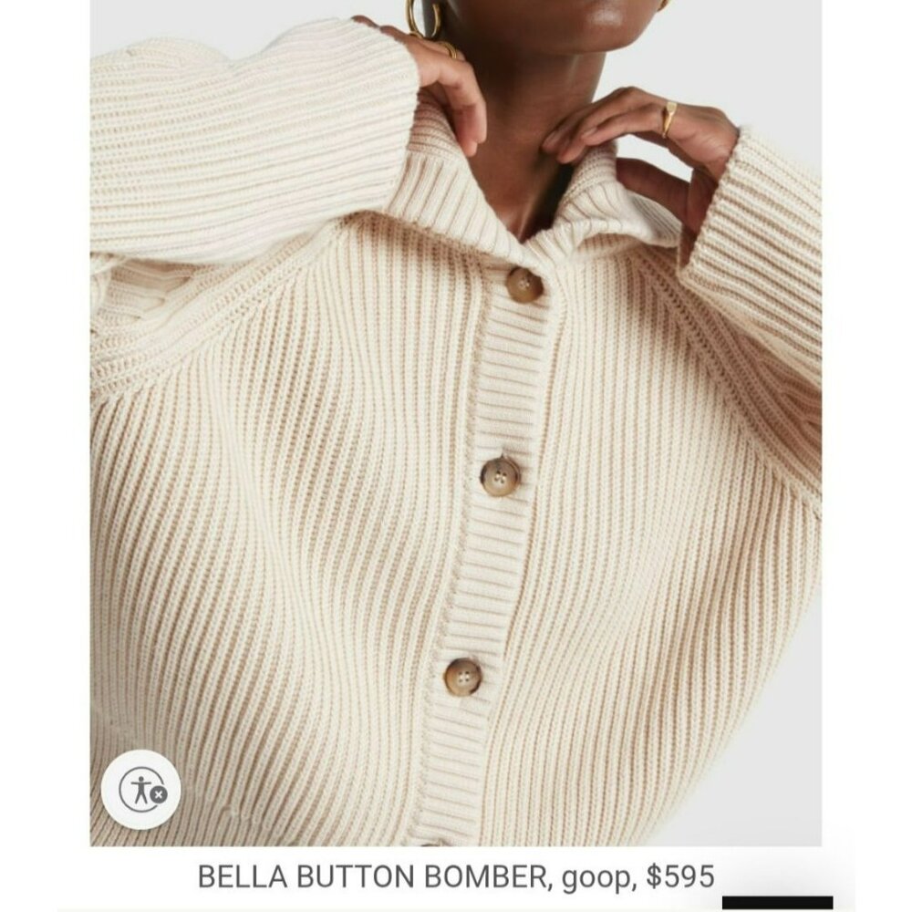 G. Label by Goop GWYN Cream Bella Button Bomber Cardigan Sweater Minimalist